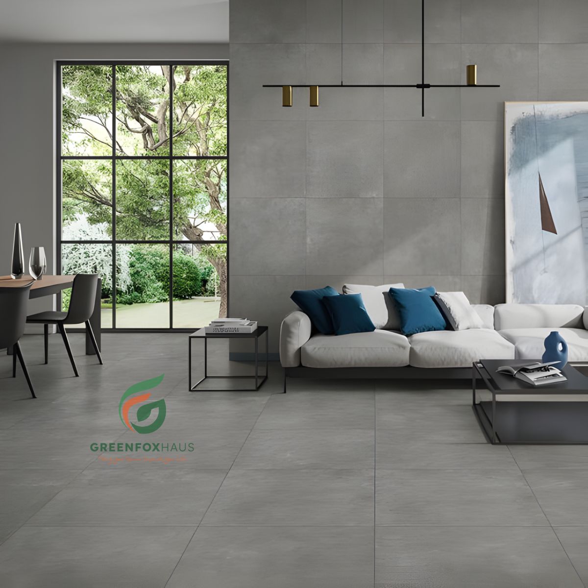gạch lát nền màu xám xi măng phòng khách hiện đại phong cách tối giản