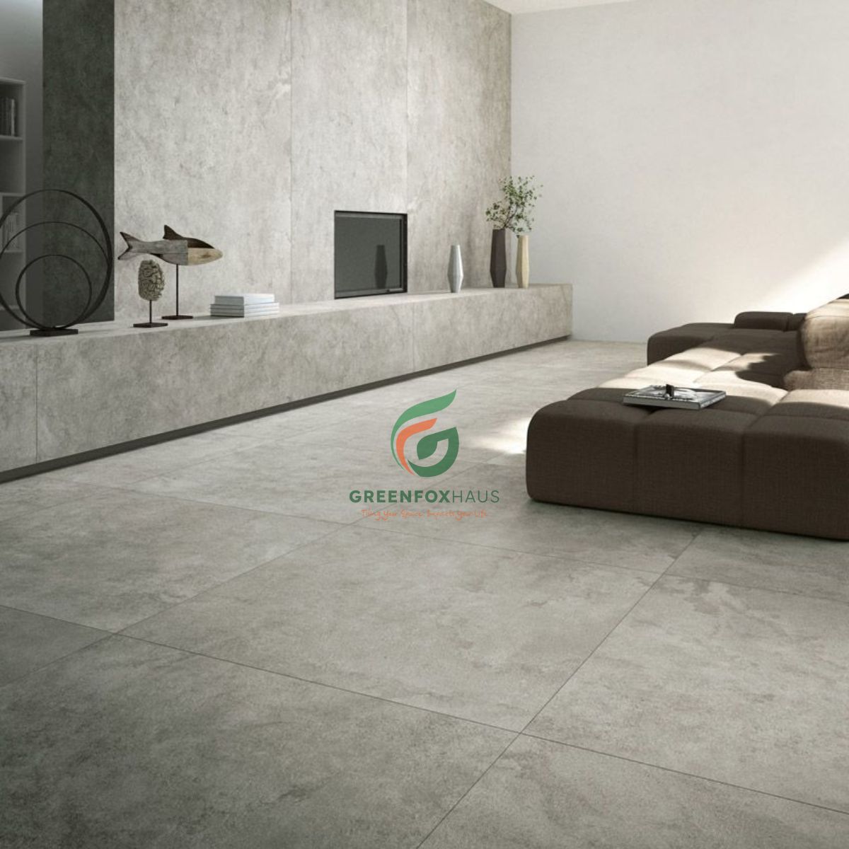gạch lát nền phòng khách 80x80 vân bê tông màu xám tối giản hiện đại
