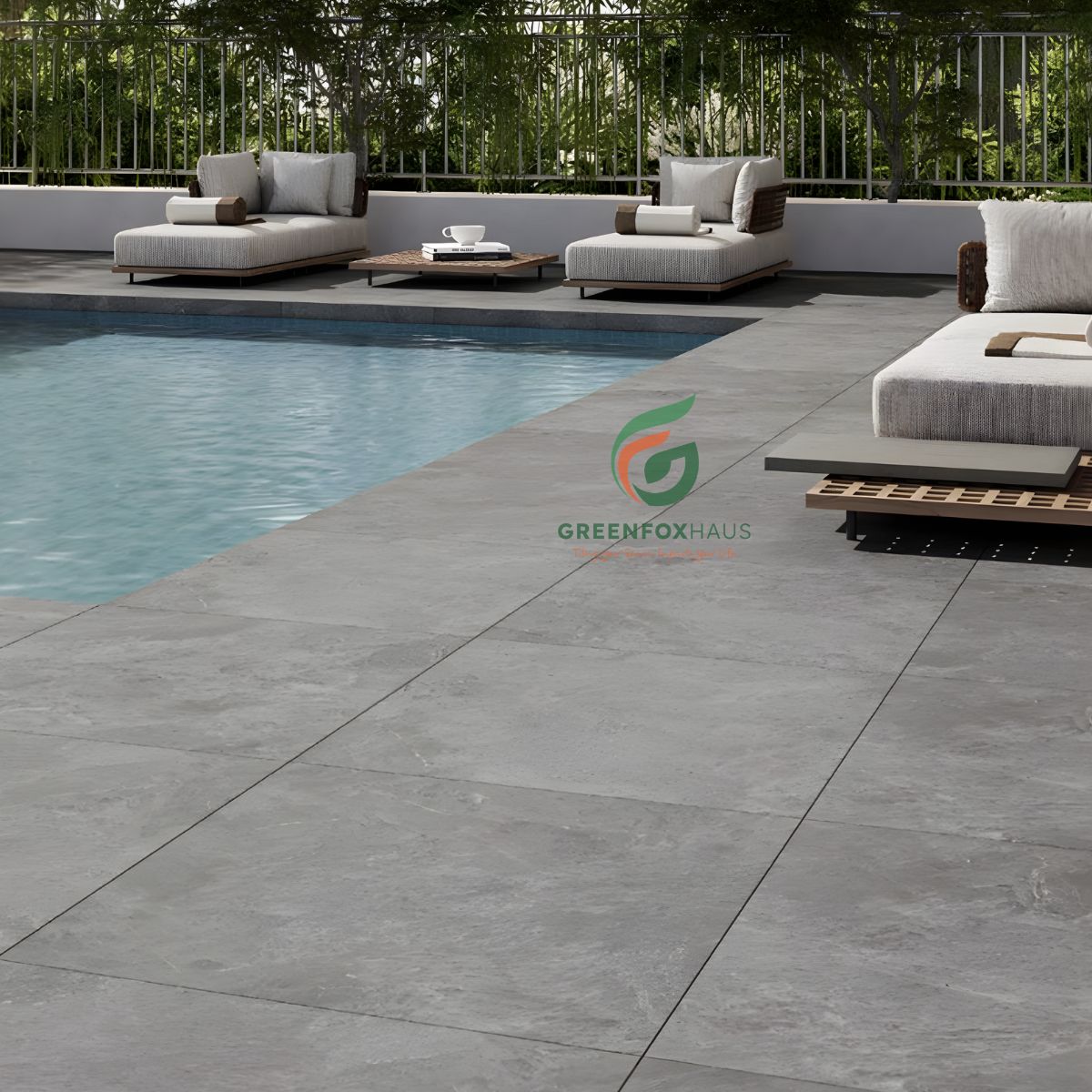 gạch lát sân màu xám khu vực hồ bơi chống trơn trượt ngoài trời