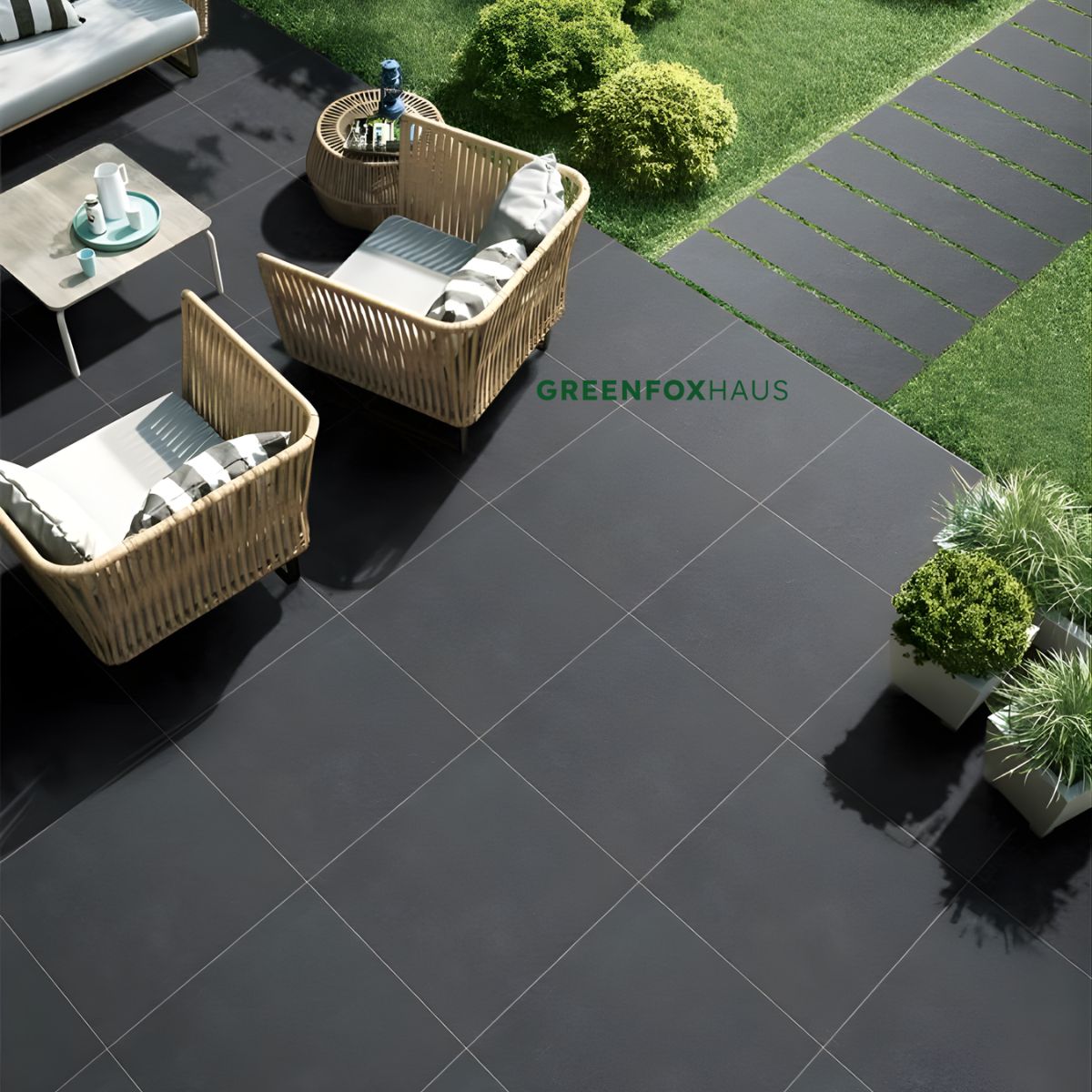 gạch lát sân xám đậm sân vườn hiện đại chống rêu mốc