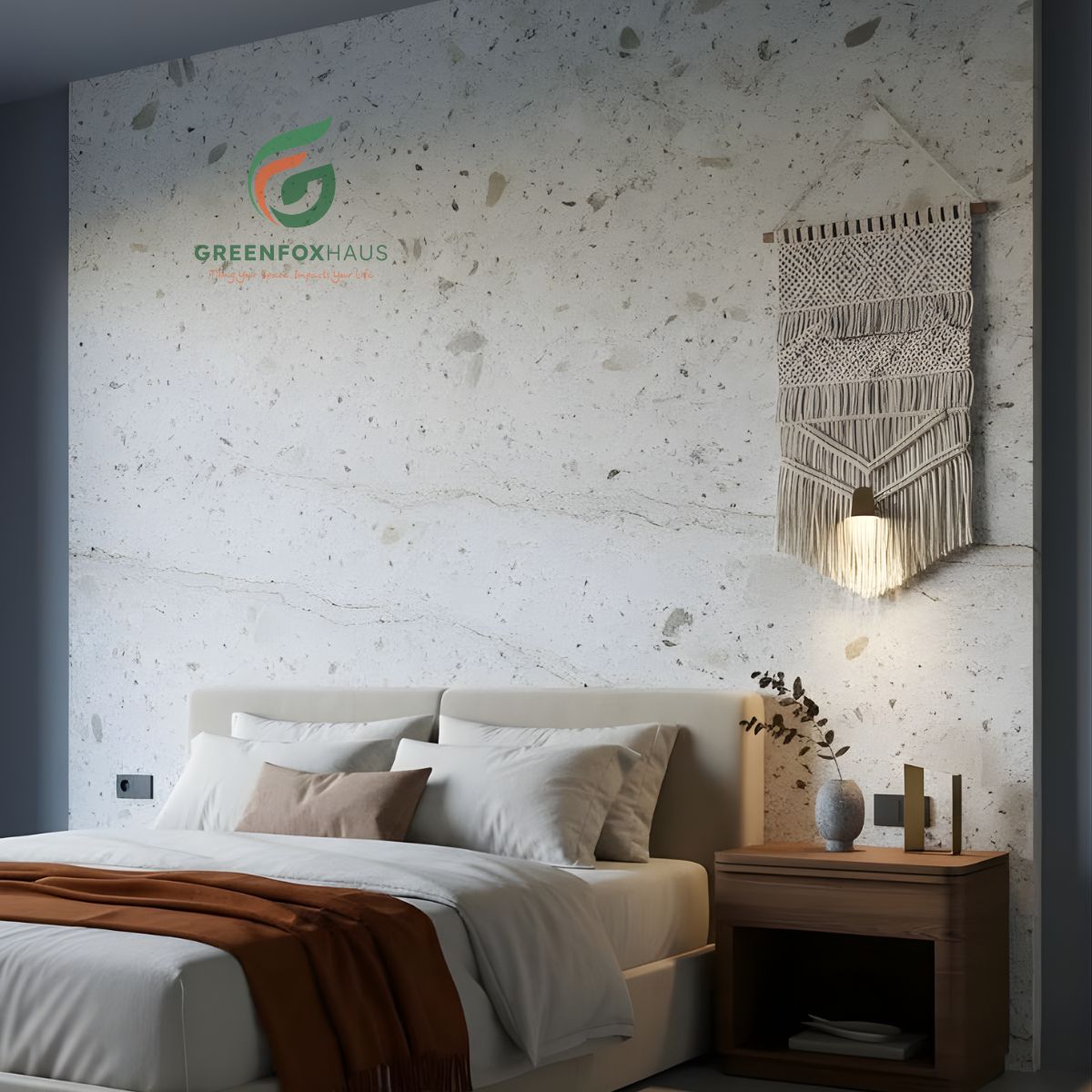 gạch 30x60 vân terrazzo xám trang trí phòng ngủ tối giản