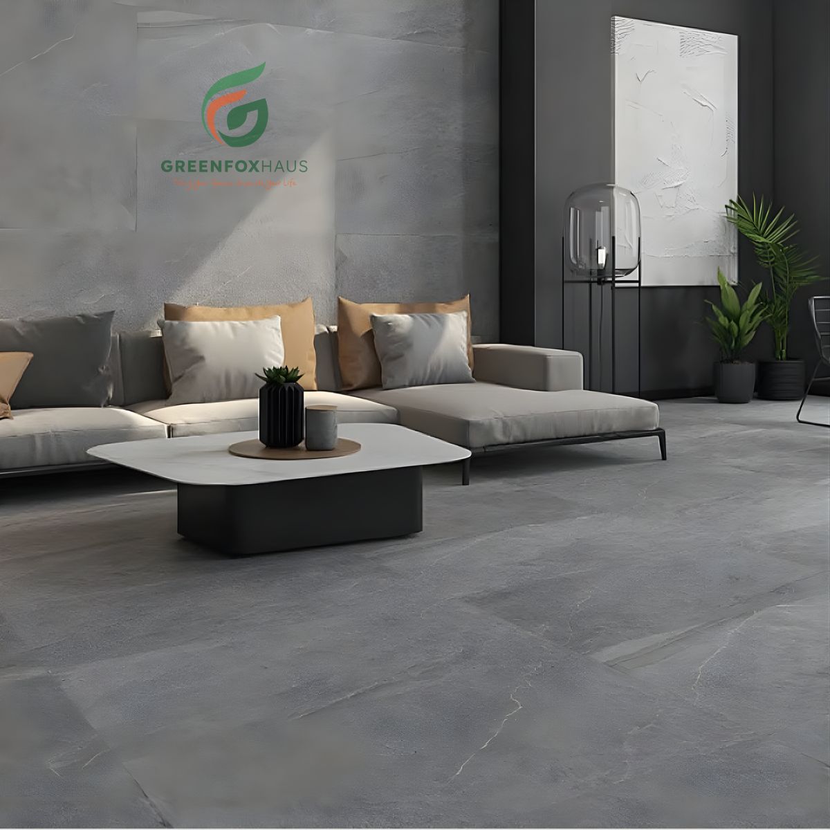 gạch ốp tường 30x60 vân xi măng màu xám cho phòng khách hiện đại