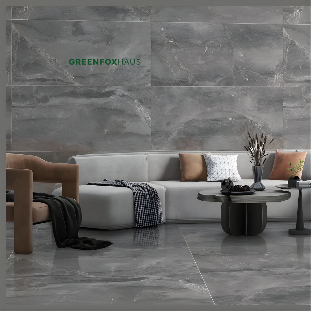 gạch 30x60 vân xi măng xám đậm trang trí phòng khách tối giản