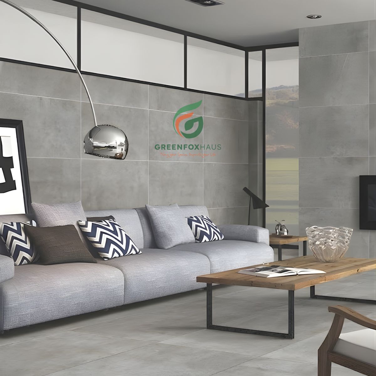 gạch ốp tường 30x60 vân xi măng xám nhạt cho không gian phòng khách