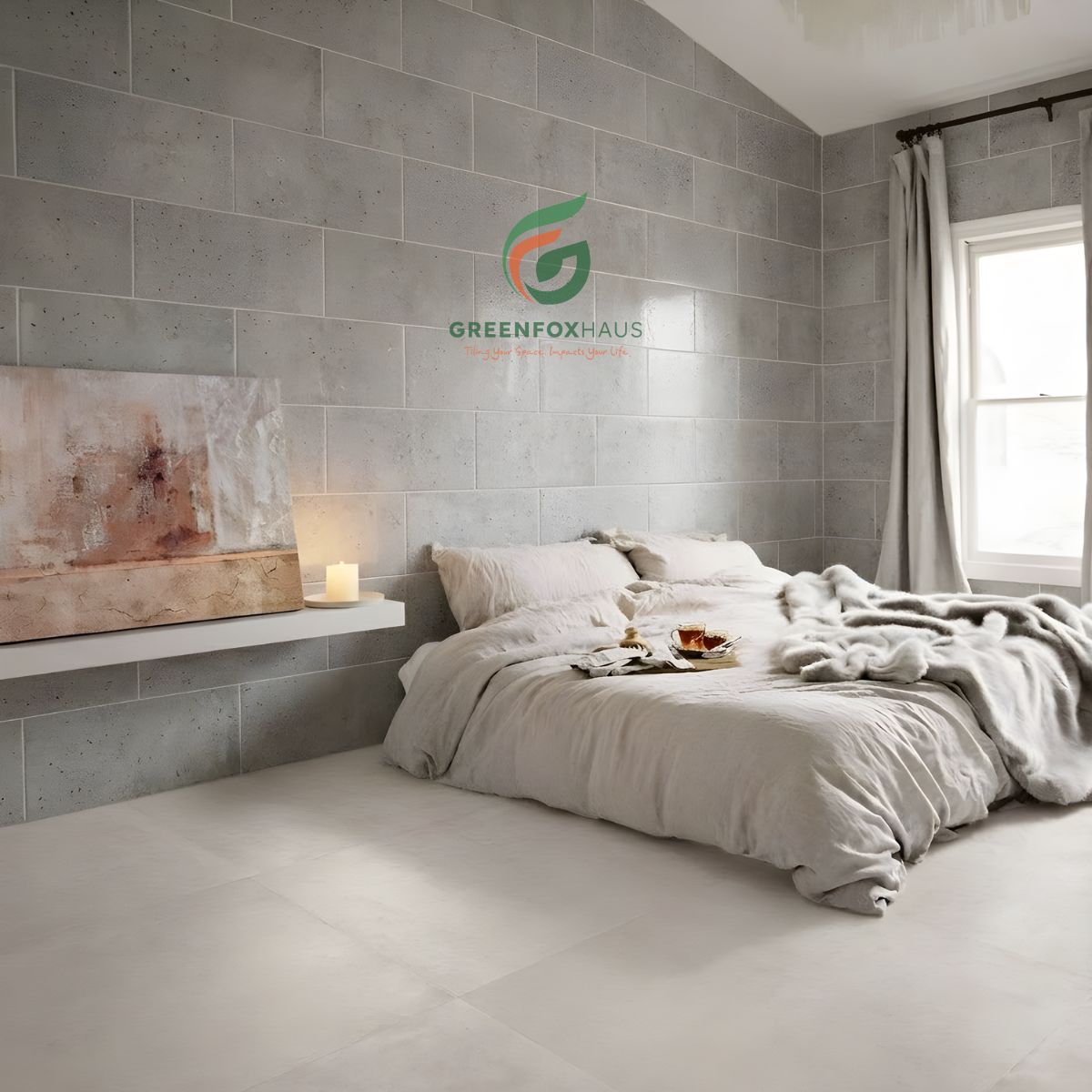 gạch ốp tường 30x60 vân xi măng màu xám cho phòng ngủ tối giản