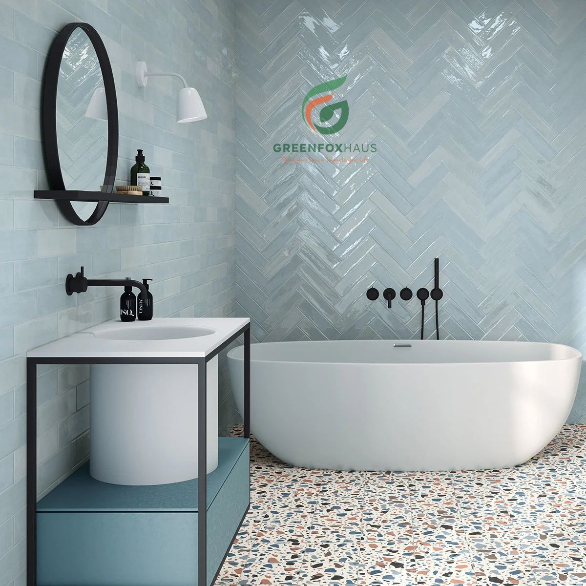 gạch ốp nhà vệ sinh chống xước cao cấp kiểu xương cá tông xanh kết hợp terrazzo hiện đại