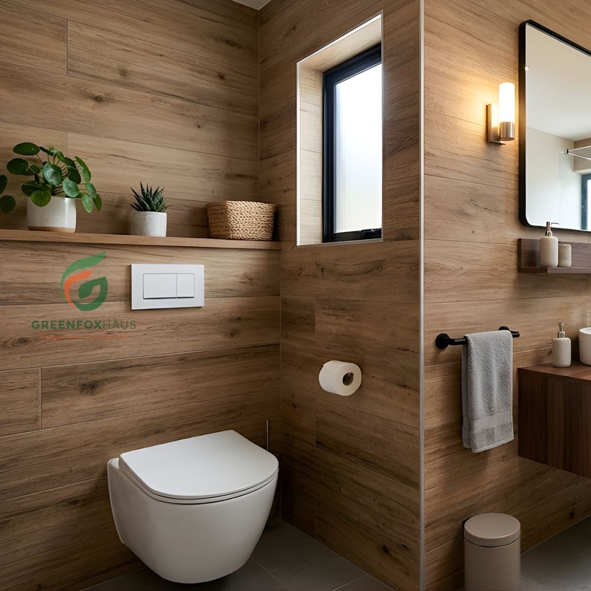 gạch ốp tường nhà vệ sinh vân gỗ chống thấm tông nâu tự nhiên phong cách tối giản