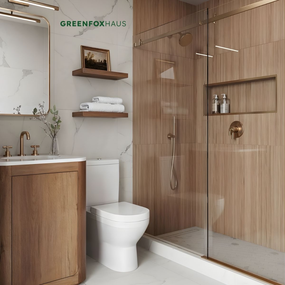 gạch ốp nhà vệ sinh vân gỗ màu nâu ấm chống thấm chống xước cho không gian wc hiện đại