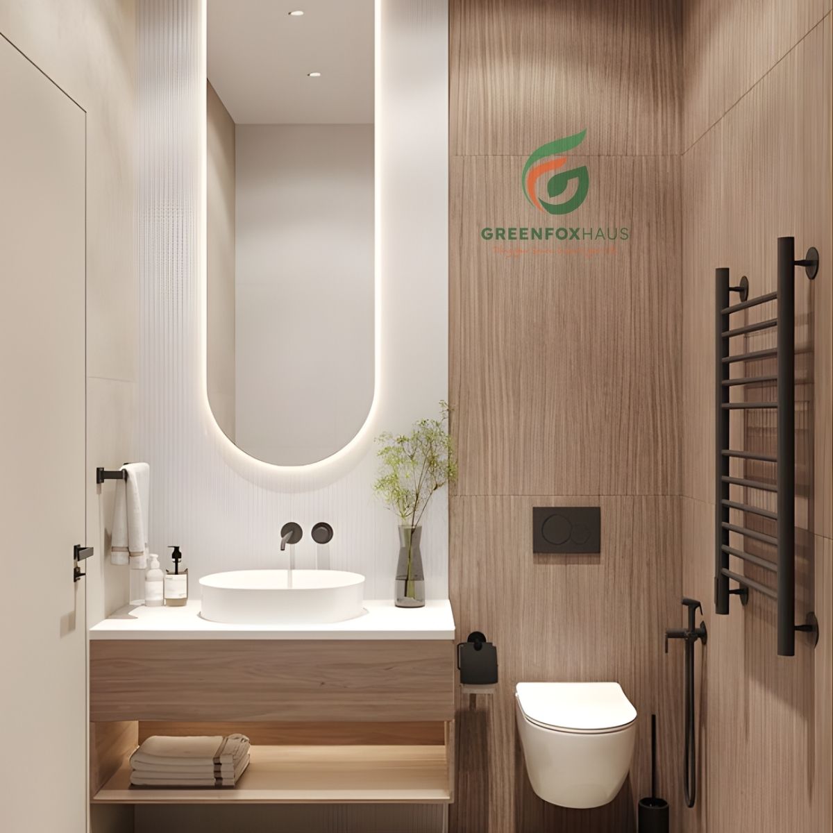 gạch ốp nhà vệ sinh vân gỗ sọc đứng kết hợp vân đá cho gạch ốp phòng tắm sang trọng