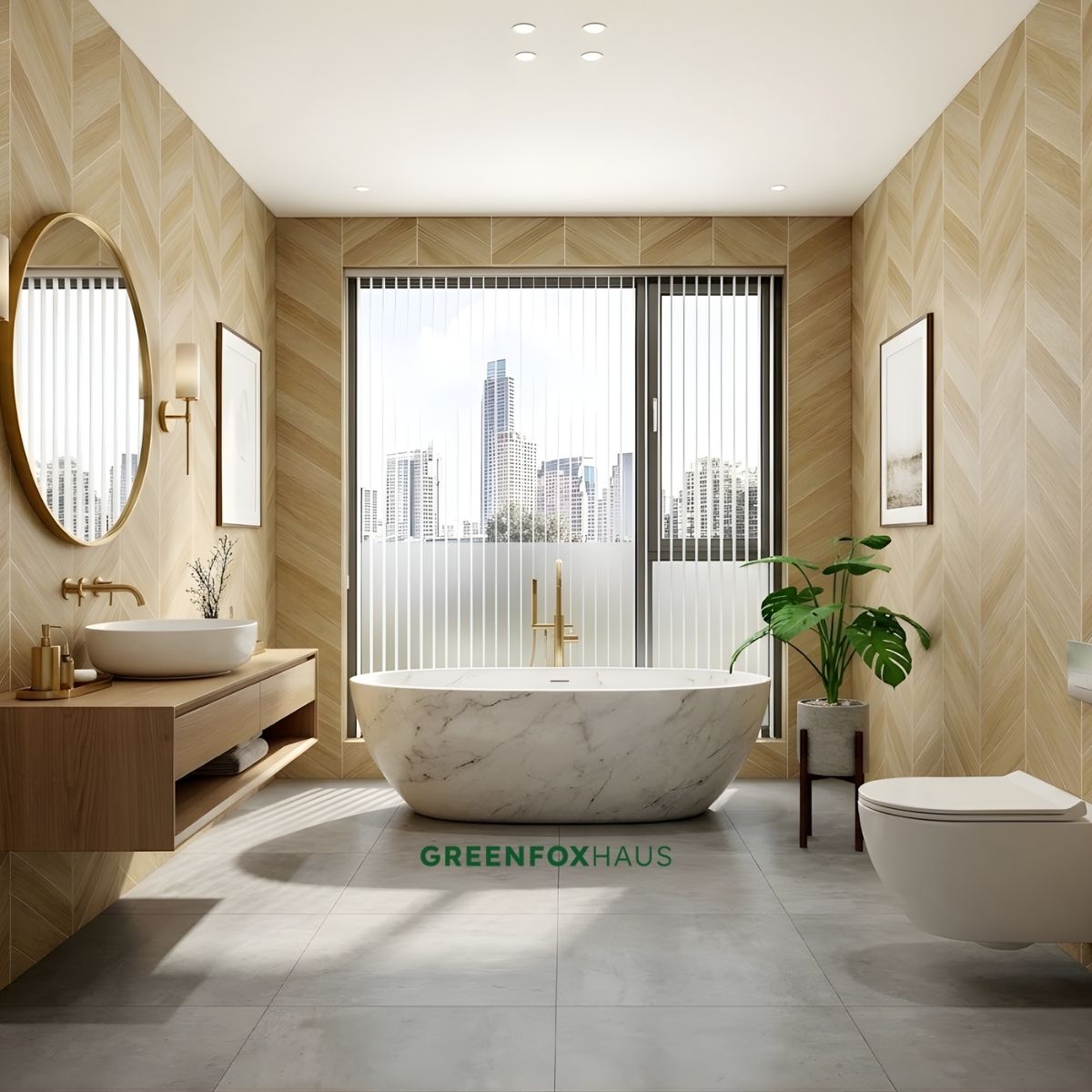 gạch ốp nhà vệ sinh vân gỗ sáng kết hợp tường trắng tối giản cho gạch ốp tường wc hiện đại