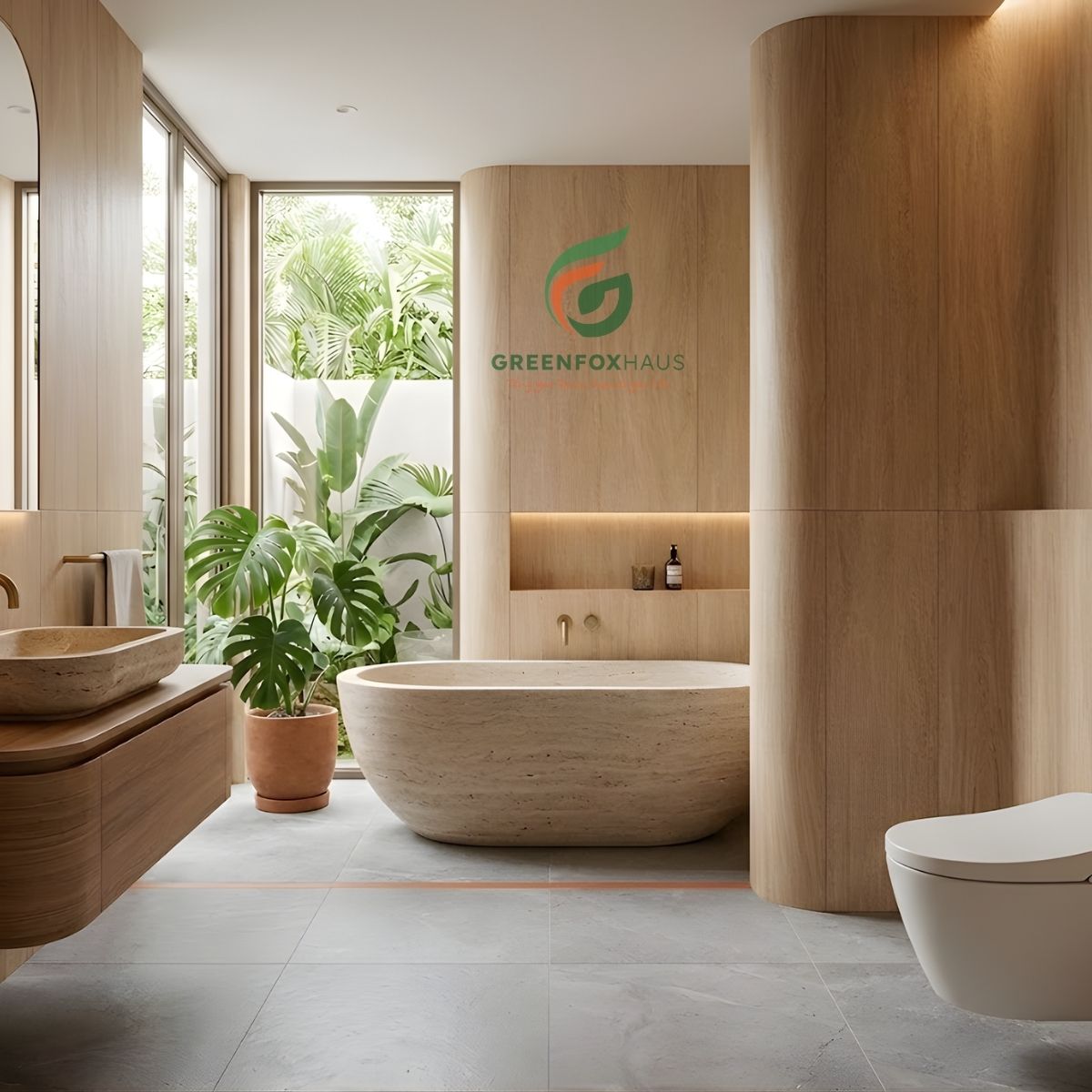 gạch ốp tường nhà vệ sinh vân gỗ xương cá màu be cho phòng tắm đẹp sang trọng và ấm cúng