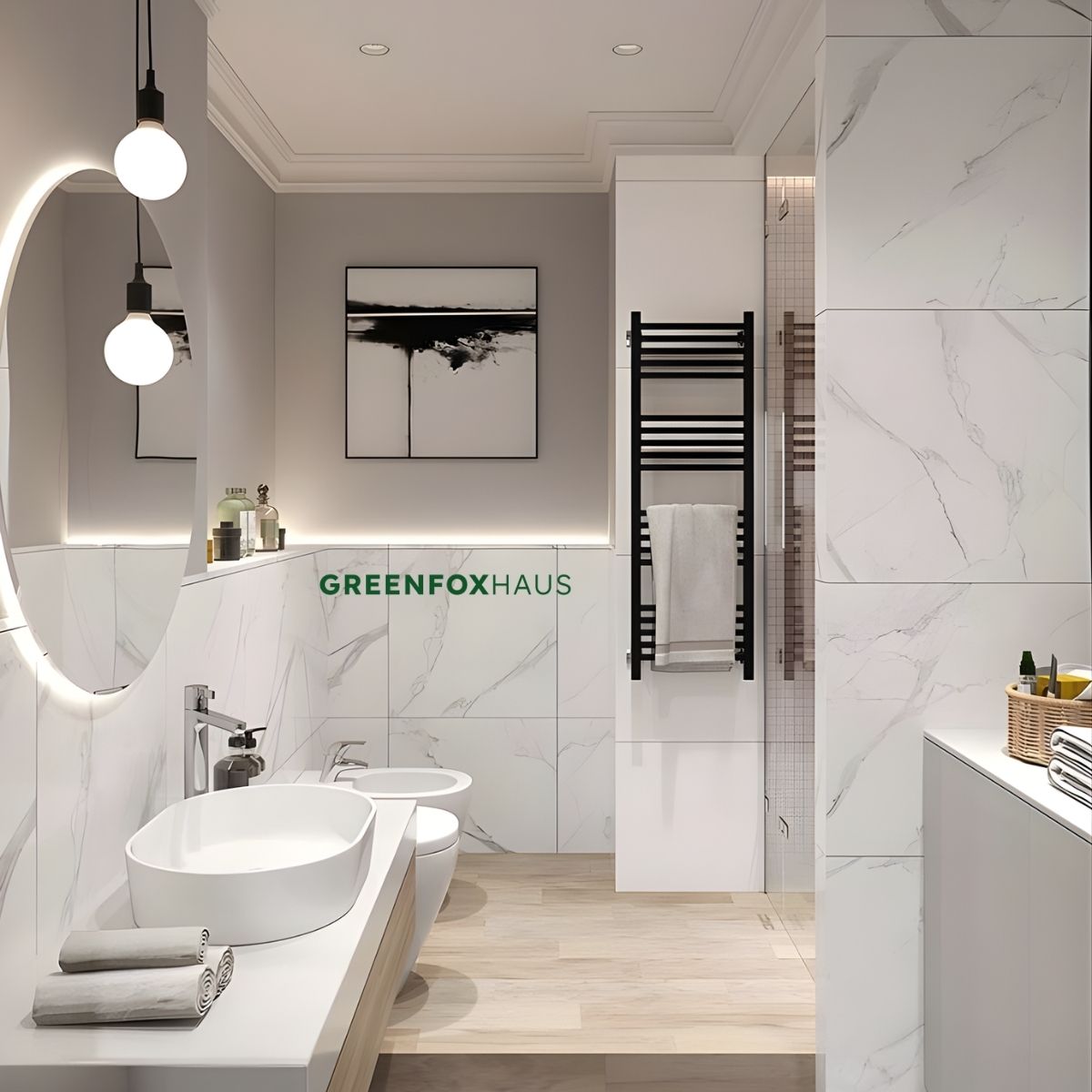 gạch ốp nhà vệ sinh vân đá marble trắng khổ lớn phong cách hiện đại cao cấp