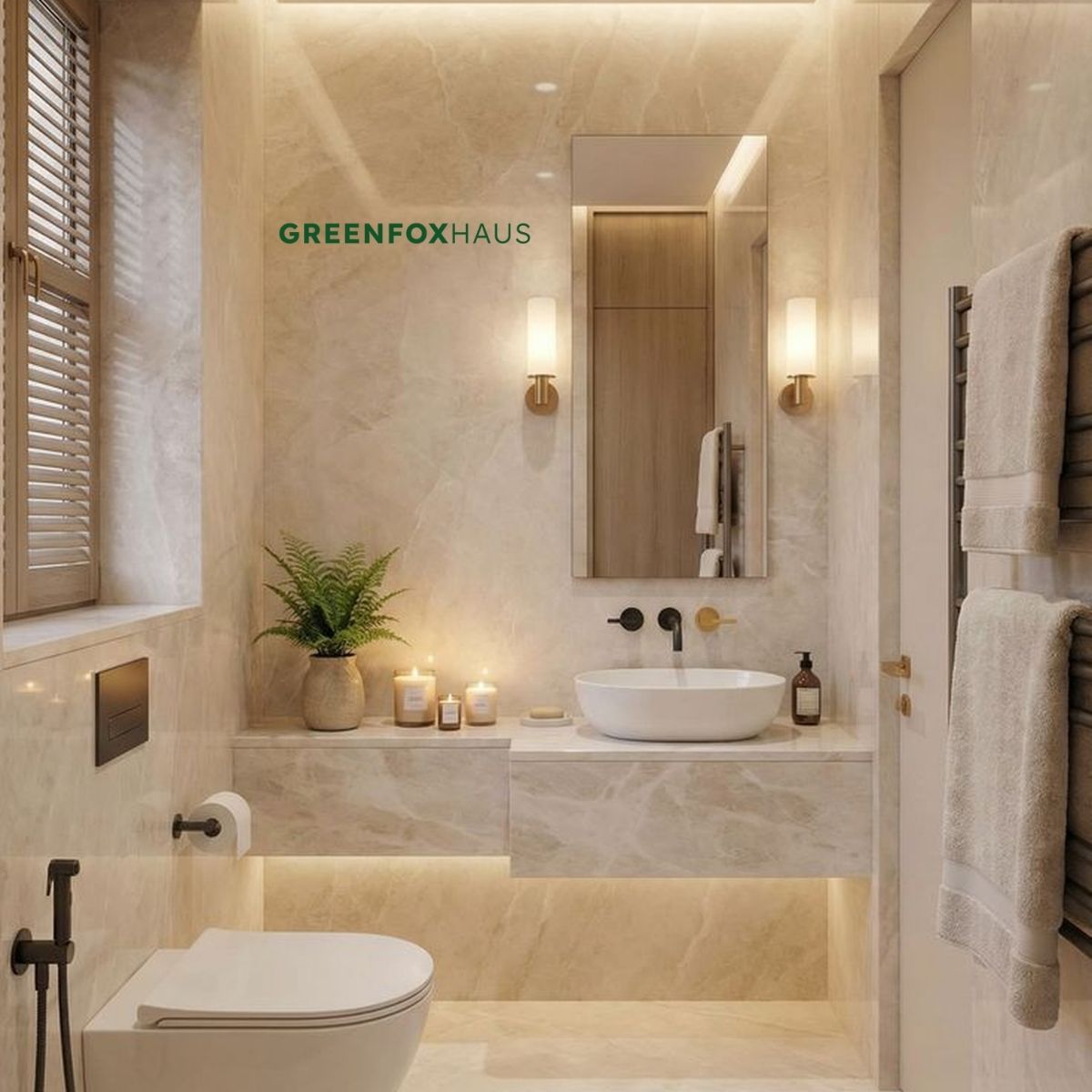 gạch ốp tường nhà vệ sinh vân đá marble màu be tạo không gian ấm áp thư giãn