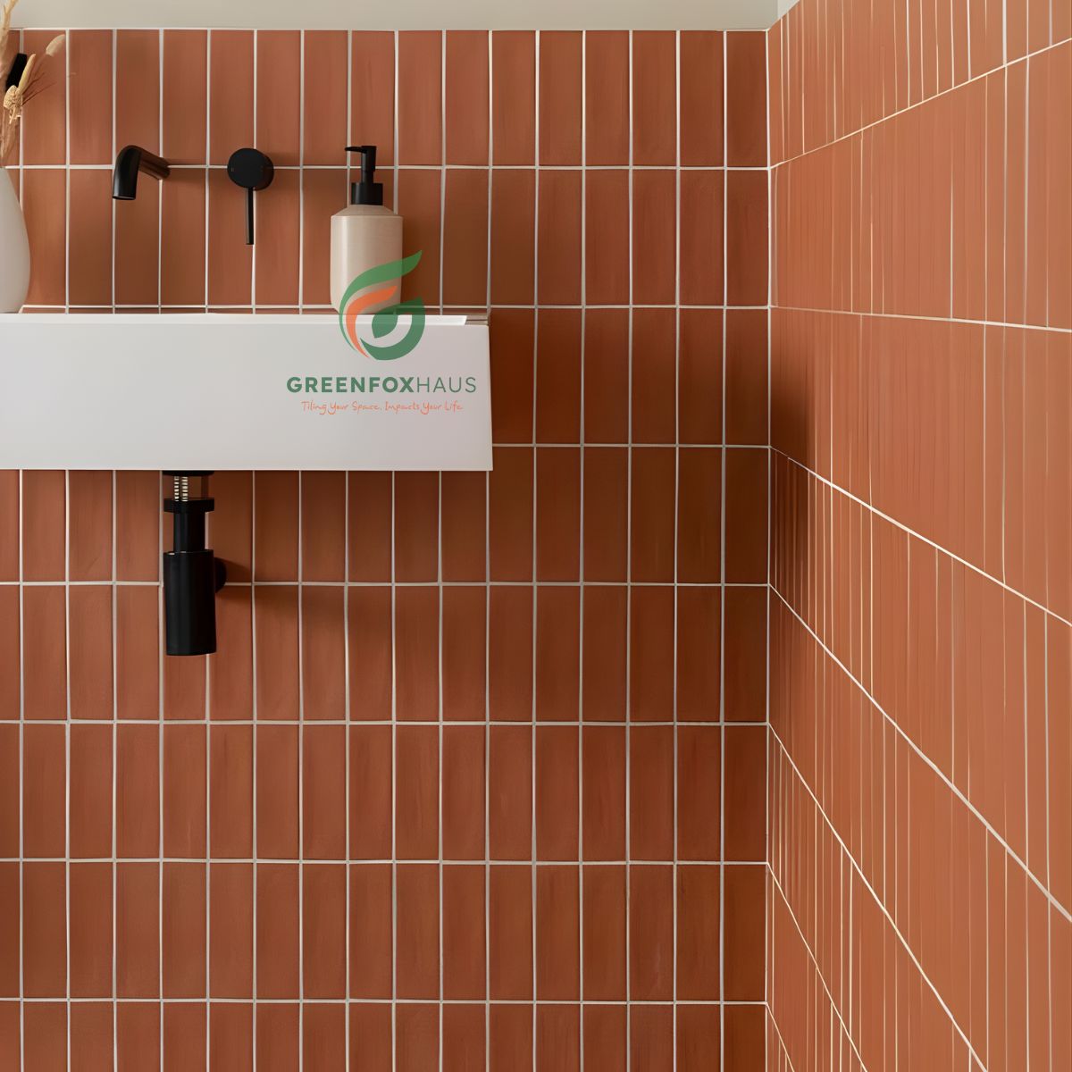 gạch thẻ giả đá màu terracotta ốp tường phòng tắm với bề mặt sần và ron đều