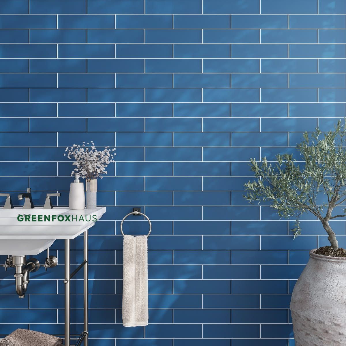 gạch thẻ ốp tường phòng tắm màu xanh dạng chữ nhật 75x300 ốp so le hiện đại