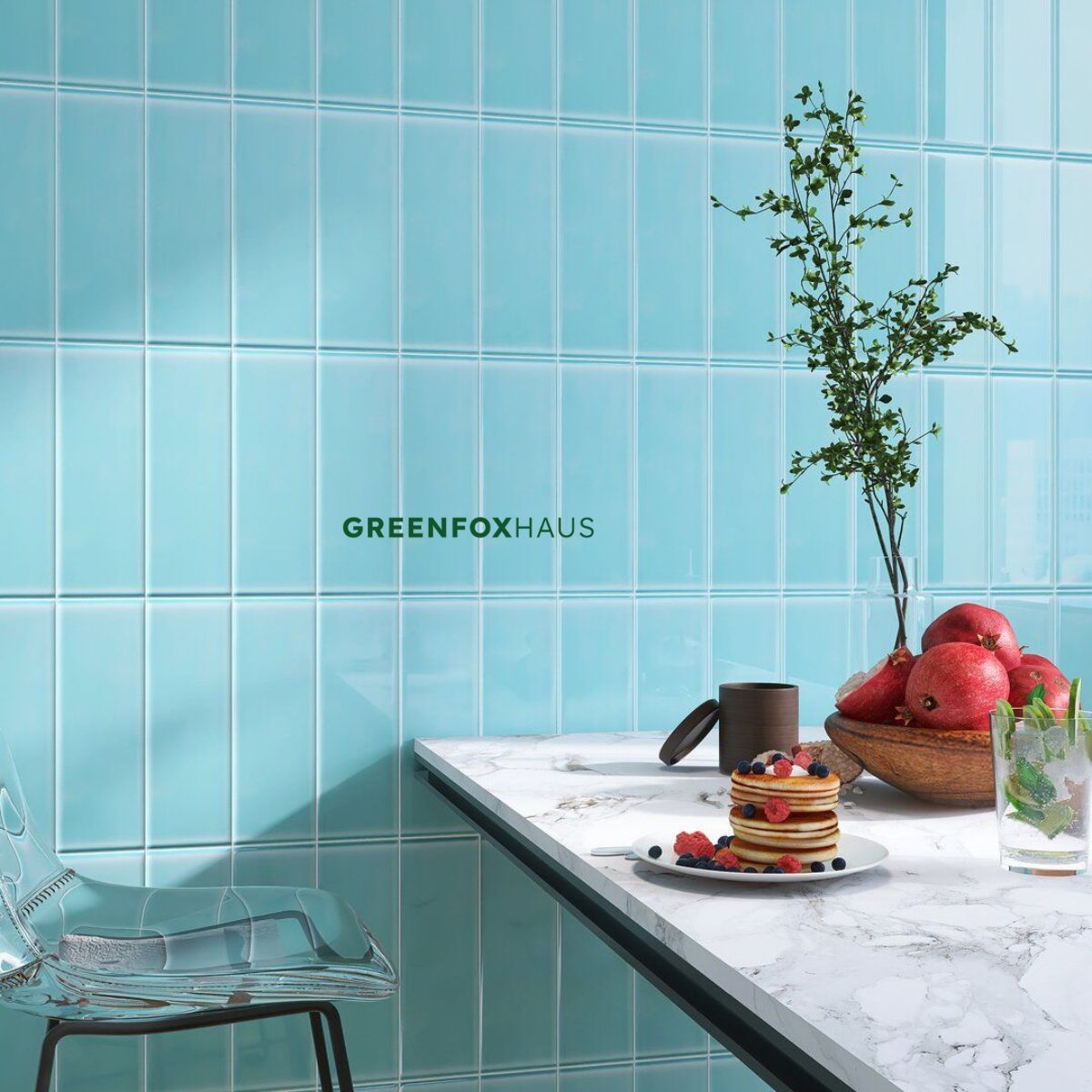 gạch thẻ trang trí ốp tường bếp màu xanh pastel kích thước 75x300 bề mặt bóng