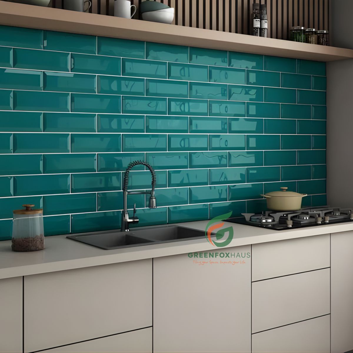 gạch thẻ trang trí ốp tường bếp màu xanh đậm bề mặt bóng phản xạ ánh sáng tốt