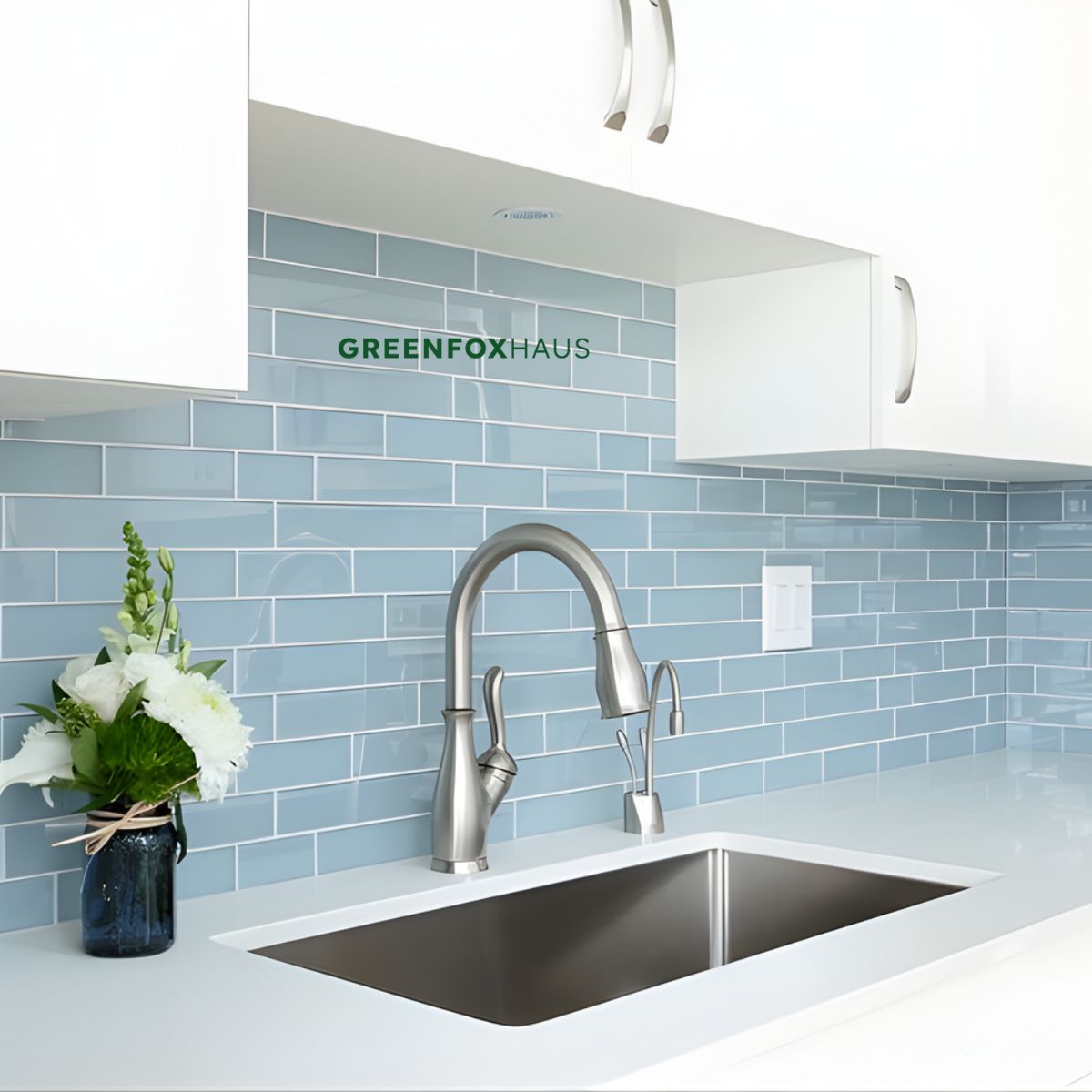 gạch thẻ ốp tường bếp màu xanh nhạt men bóng chống bám dầu mỡ dễ lau chùi