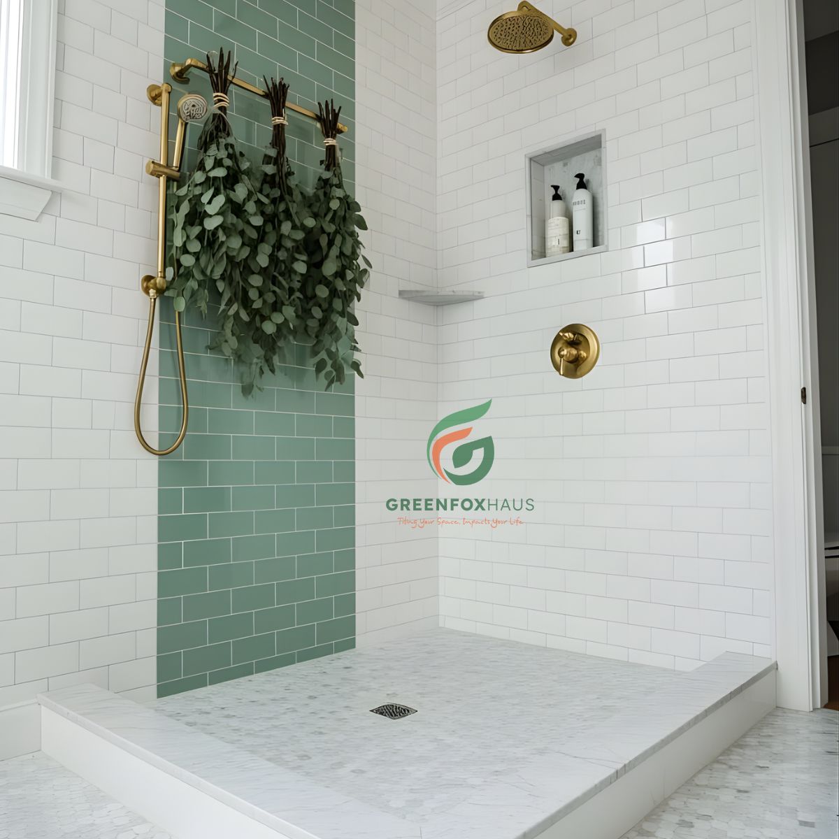gạch thẻ ốp tường phòng tắm màu trắng kết hợp mảng xanh tạo điểm nhấn chống ẩm