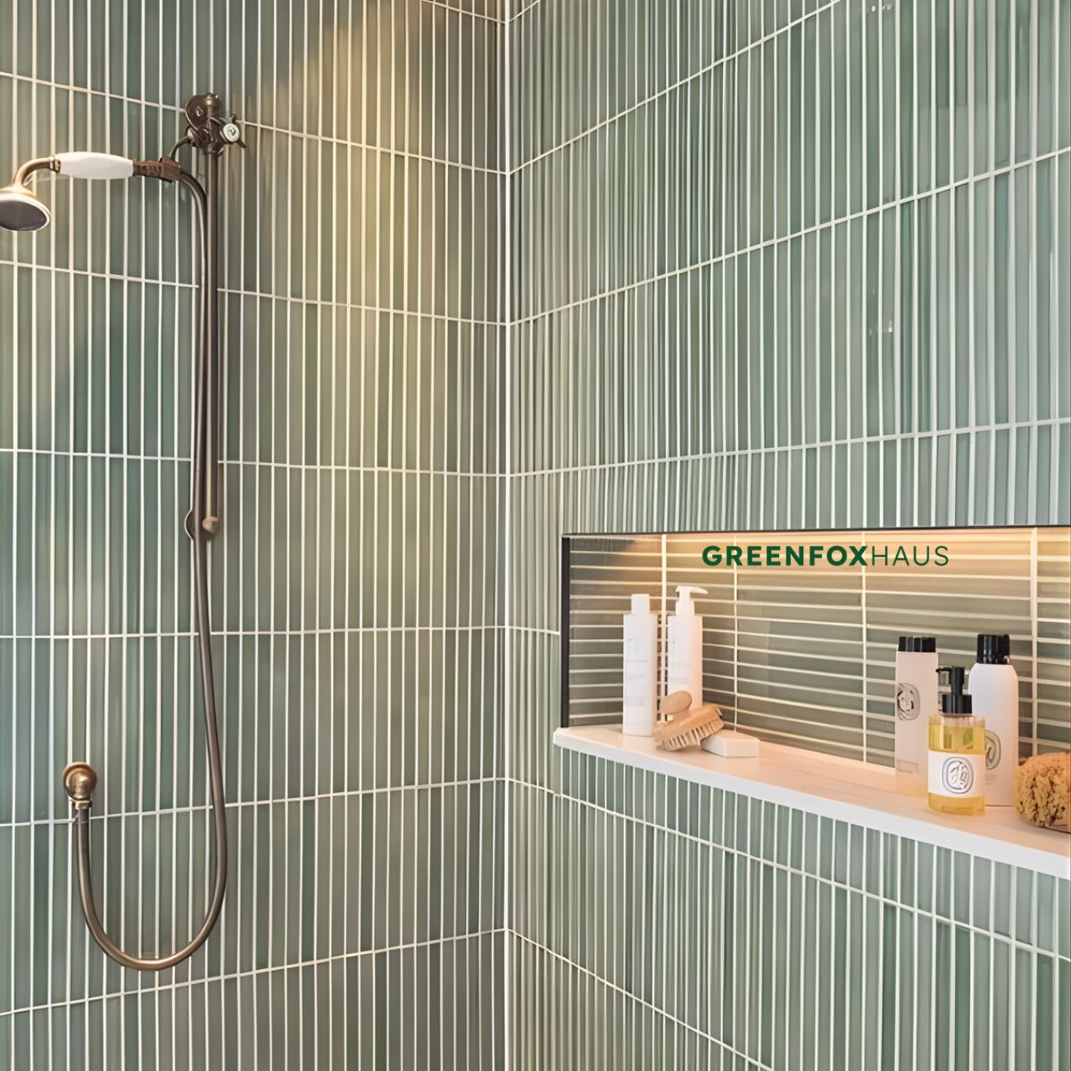 gạch thẻ ốp tường phòng tắm dạng que màu xanh rêu thi công ron đều thẩm mỹ cao