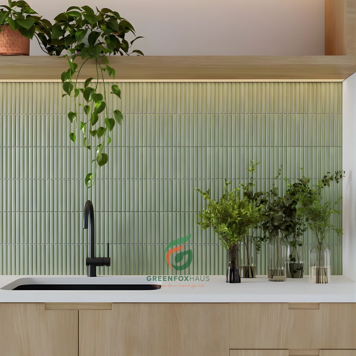 gạch thẻ dán tường bếp dạng que màu xanh nhạt tạo điểm nhấn trang trí hiện đại