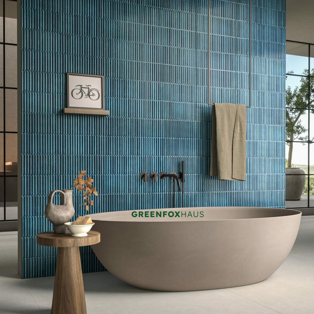 gạch thẻ ốp tường trang trí phòng tắm dạng que màu xanh đậm hiệu ứng rãnh 3D