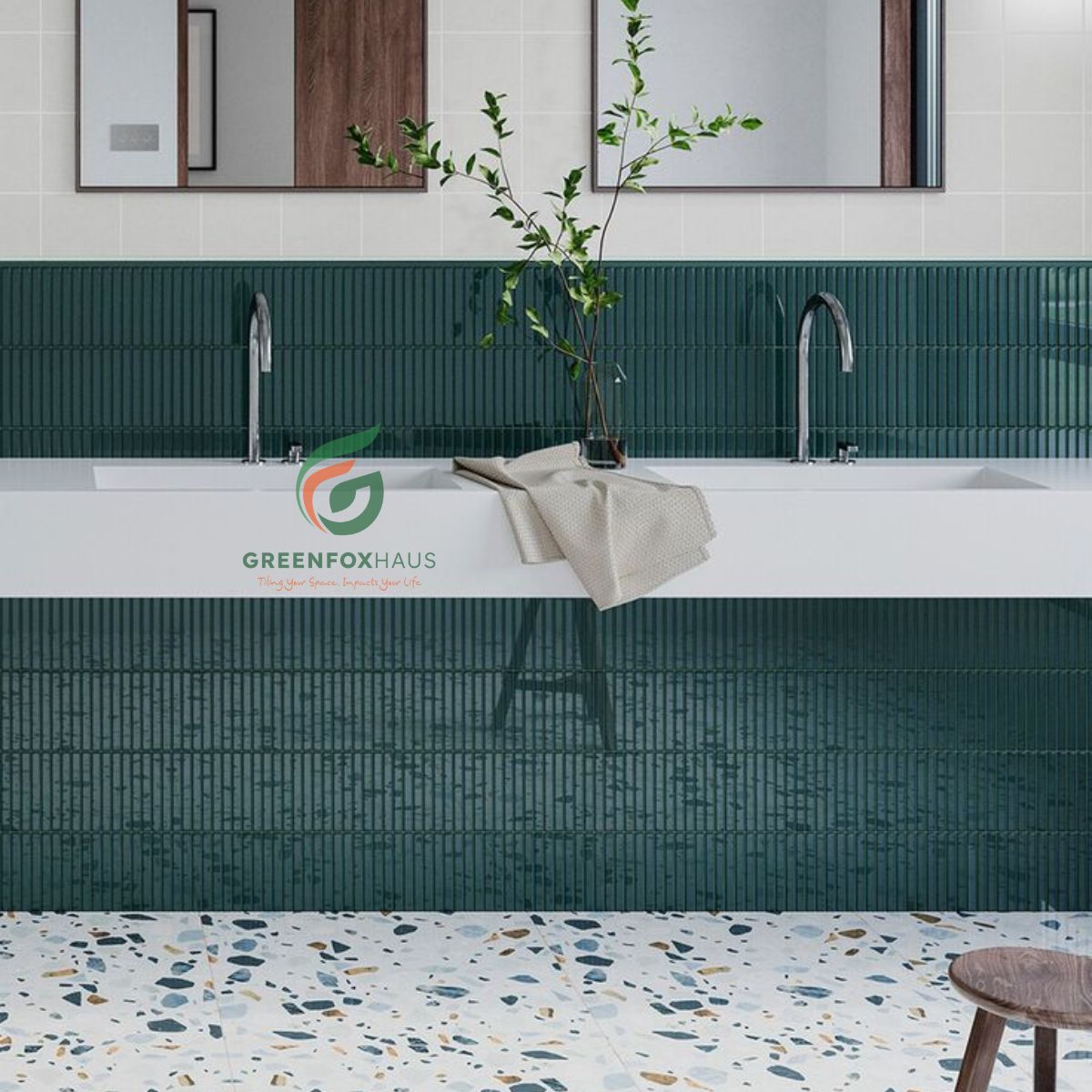 gạch thẻ trang trí ốp tường lavabo dạng que màu xanh đậm kết hợp nền terrazzo