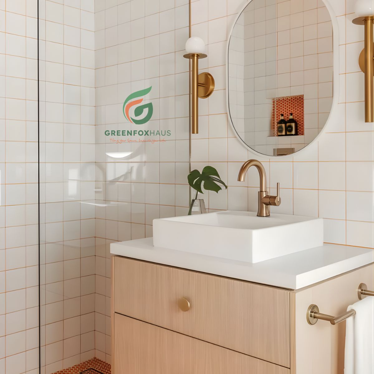 gạch thẻ vuông ốp tường phòng tắm màu trắng ron tương phản bố cục lưới cân đối