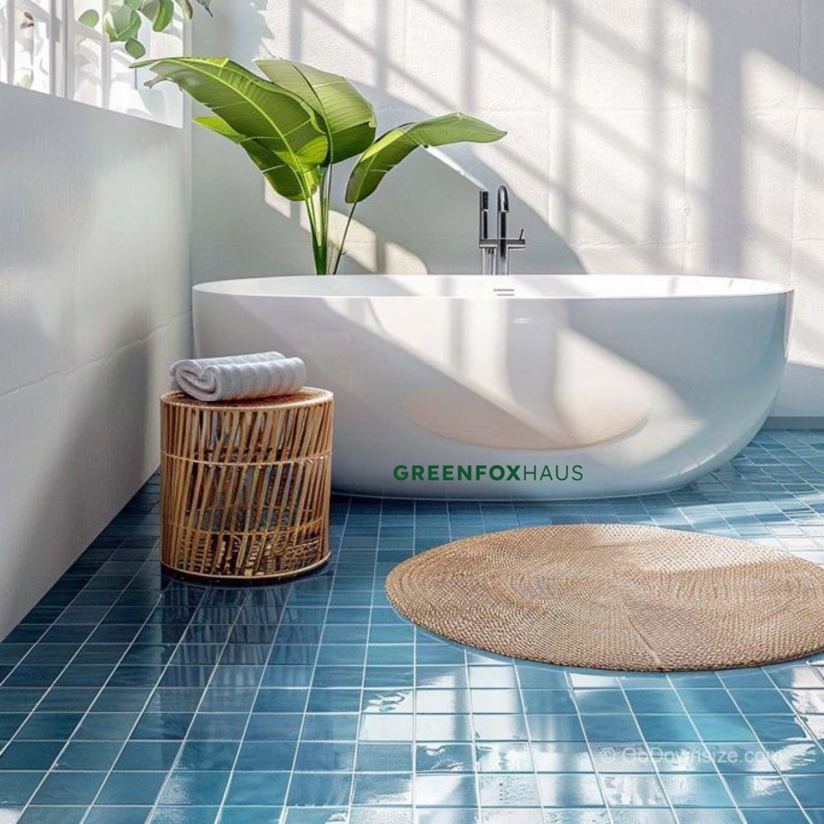 gạch thẻ lát nền phòng tắm dạng vuông màu xanh 100x100 chống trơn bề mặt bóng