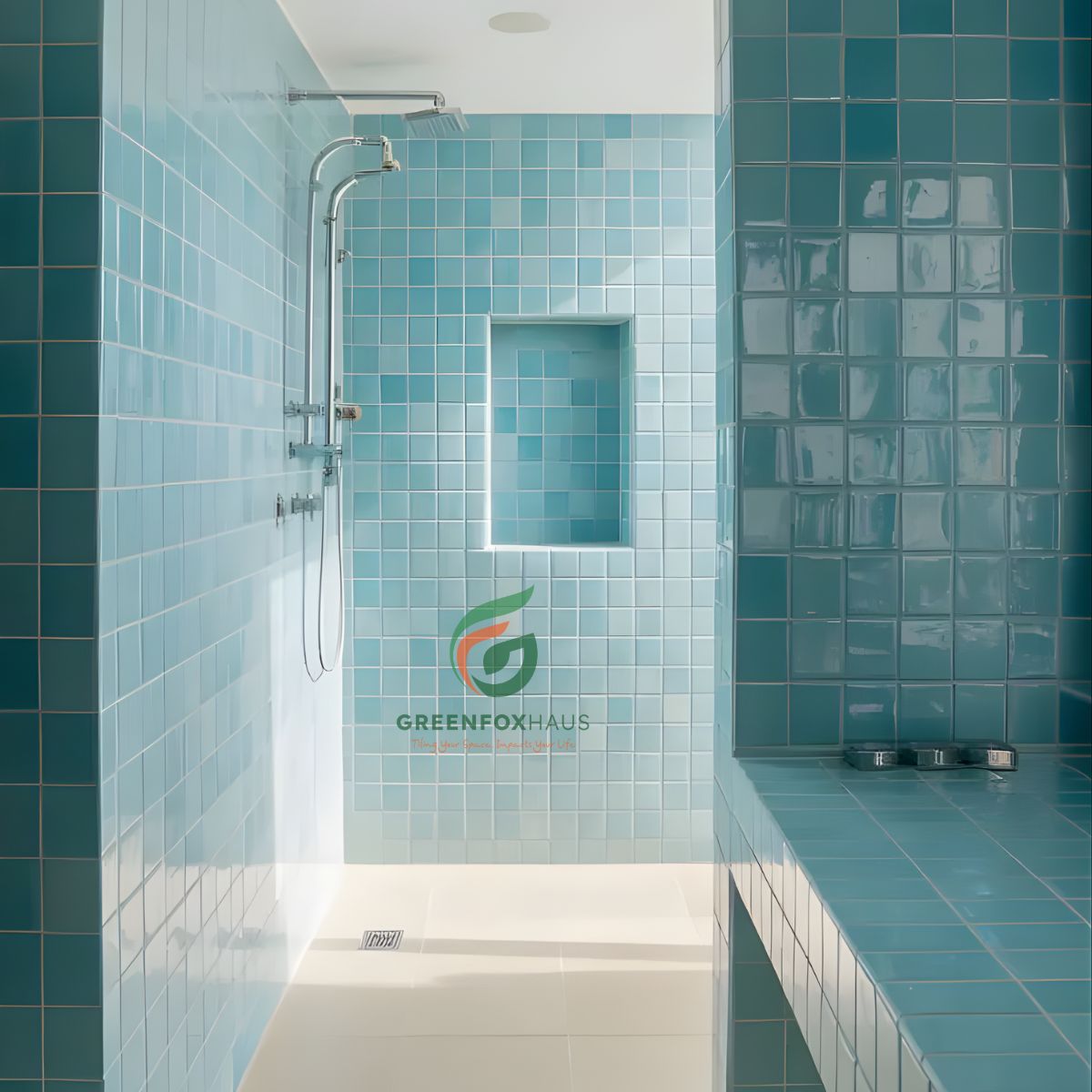 gạch thẻ ốp tường phòng tắm màu xanh dạng vuông 150x150 thi công thẳng hàng đồng đều