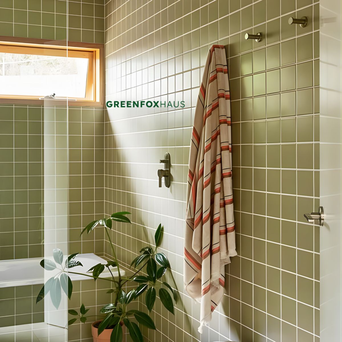 gạch thẻ trang trí ốp tường phòng tắm màu xanh olive dạng vuông men bóng hiện đại