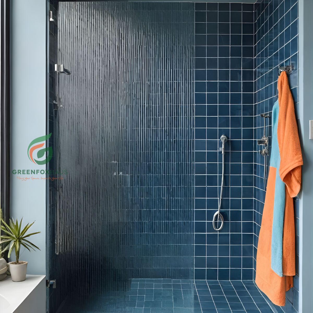 gạch thẻ ốp tường phòng tắm màu xanh đậm dạng vuông tạo hiệu ứng không gian đồng nhất