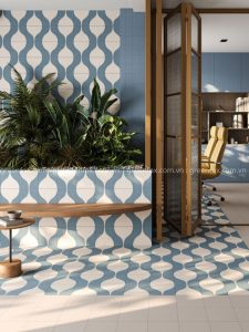 Gạch bông họa tiết xanh retro tạo điểm nhấn ấn tượng cho không gian thư giãn và khu vực chuyển tiếp