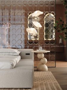 Gạch kính màu nâu 3D tạo hiệu ứng ánh sáng độc đáo cho không gian phòng ngủ sang trọng