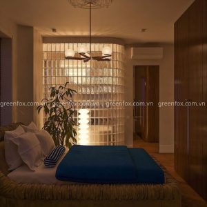 Tường gạch kính bo cong giúp không gian phòng ngủ mềm mại và ấm cúng hơn