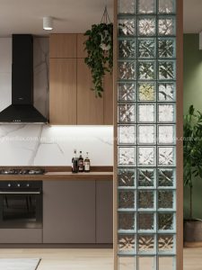 Gạch kính dùng làm vách ngăn bếp vừa lấy sáng vừa tạo điểm nhấn trang trí tinh tế