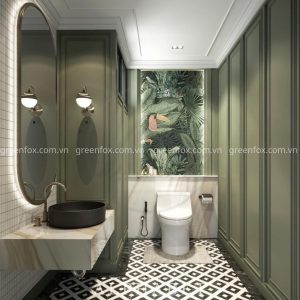 Gạch trang trí họa tiết được sử dụng tại khu vực sàn và tường sau bồn cầu, tạo điểm nhấn tinh tế cho không gian nhỏ