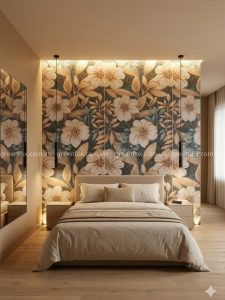 Gạch trang trí dạng tranh lớn được sử dụng làm mảng tường nhấn, tạo hiệu ứng decor nổi bật thay thế tranh truyền thống