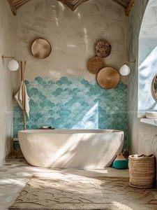 Phòng tắm phong cách tự nhiên kết hợp gạch mosaic vảy cá xanh, mang lại cảm giác thư giãn và gần gũi thiên nhiên.