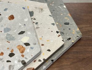 Gạch terrazzo lục giác với bề mặt hạt đá tự nhiên đa màu, mang đến cảm giác bền vững và hiện đại cho không gian