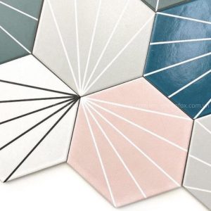 Gạch lục giác họa tiết tia line phối màu pastel, tạo điểm nhấn trang trí tinh tế và khác biệt cho bề mặt ốp