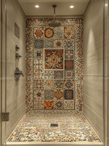 Khu vực phòng tắm sử dụng gạch mosaic kết hợp gạch bông trang trí tạo mảng nhấn nghệ thuật, mang phong cách cổ điển – tinh tế và tăng chiều sâu không gian.
