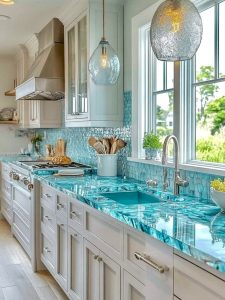 gạch mosaic kính màu xanh ốp bếp cao cấp sang trọng
