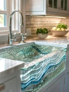 chậu rửa bếp ốp gạch mosaic nghệ thuật họa tiết sóng nước