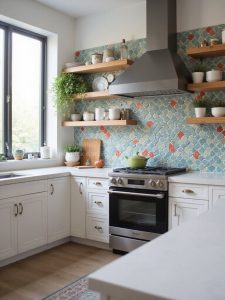 gạch mosaic vảy cá màu xanh ốp tường bếp tự nhiên