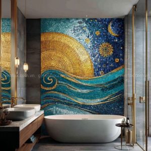 gạch mosaic nghệ thuật ốp tường phòng tắm hình mặt trời và sóng biển