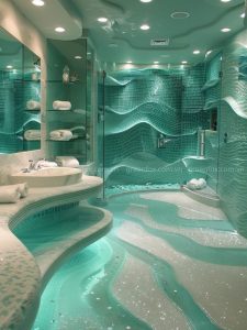 gạch mosaic xanh ngọc uốn lượn ốp phòng tắm spa cao cấp
