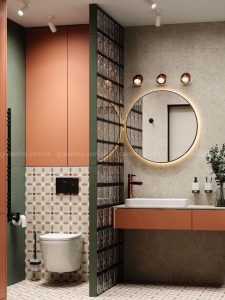 gạch bông trang trí phòng tắm phối màu cam xanh phong cách retro