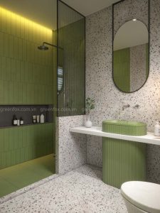 gạch terrazzo trắng kết hợp gạch thẻ xanh lá phòng tắm hiện đại