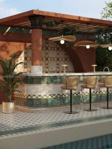 gạch bông và gạch mosaic xanh ốp quầy bar ngoài trời phong cách nhiệt đới